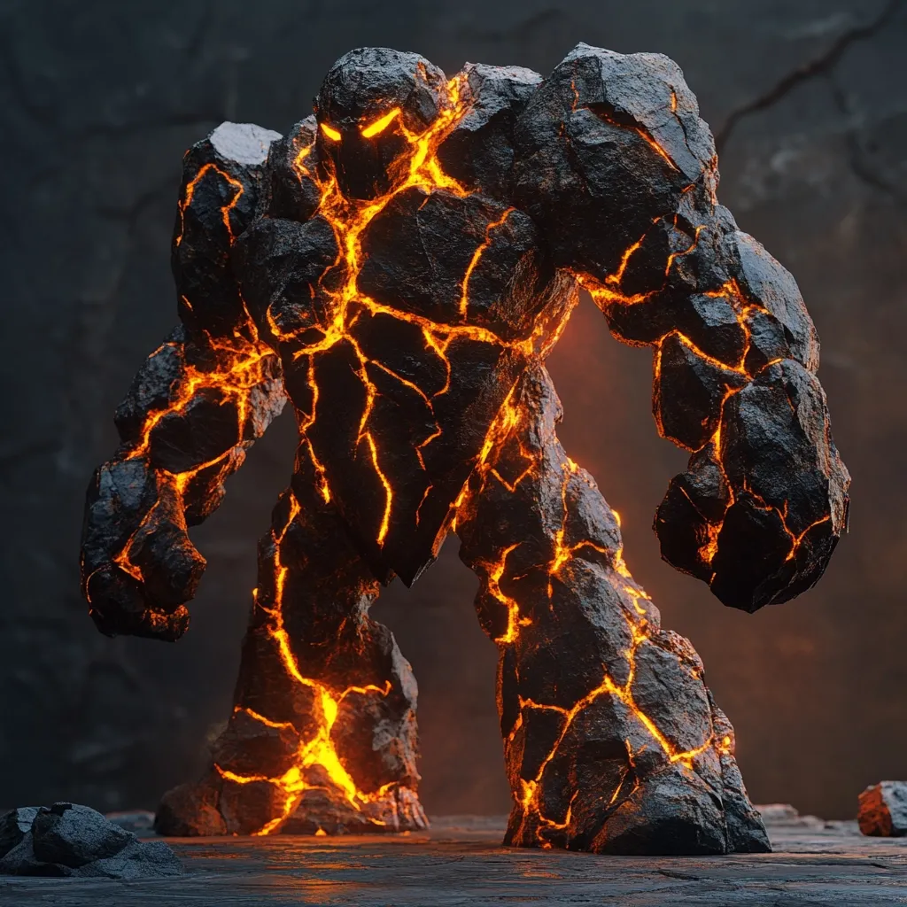 A colossal stone golem, forged from dark volcanic rock and glowing with fiery orange lava veins, stands majestically. Its powerful form is cracked and textured, suggesting immense strength and age. The creature's menacing gaze and imposing stature convey a sense of impending danger, a formidable guardian of the fiery depths.  The dark, smoky background enhances the golem's intimidating presence.