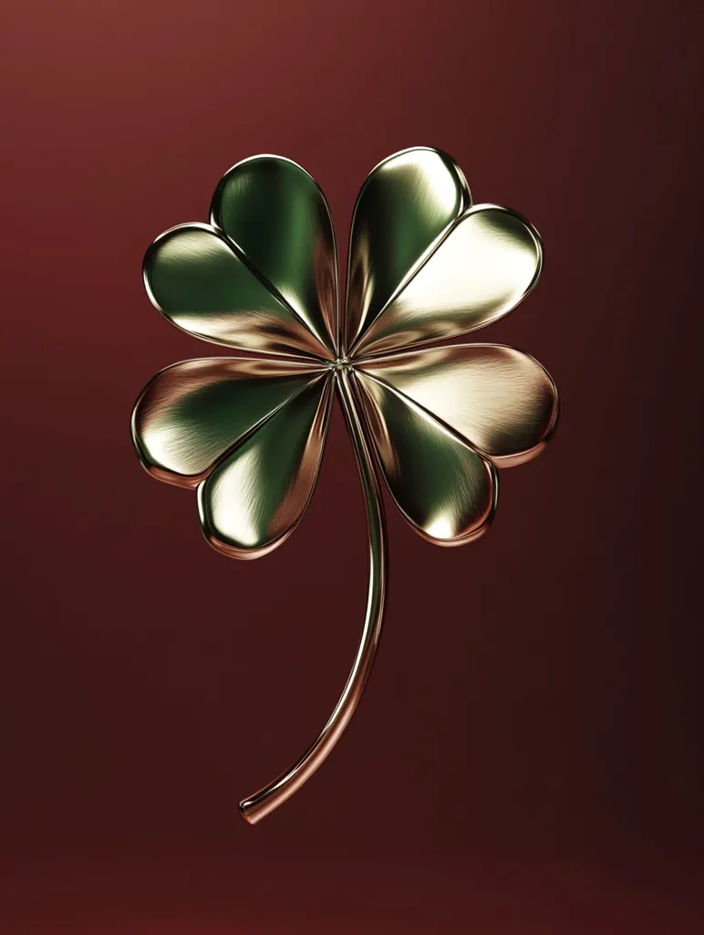 A stylized, metallic gold four-leaf clover is presented against a deep maroon backdrop.  The clover's leaves are rendered with a brushed metal texture, showcasing subtle highlights and shadows. The stem curves gracefully, adding to the elegant design.  The image evokes a sense of luck and sophistication.