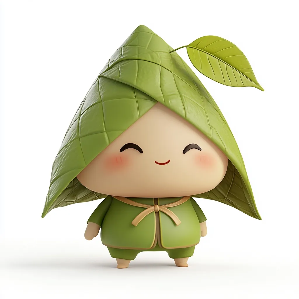 A charming 3D rendering depicts a cute, chibi-style character resembling a zongzi, a traditional Chinese rice dumpling.  The character wears a leaf-wrapped hat and matching outfit, boasting a cheerful smile and rosy cheeks.  The overall aesthetic is playful and celebratory, suggesting a festive theme, likely related to the Dragon Boat Festival.
