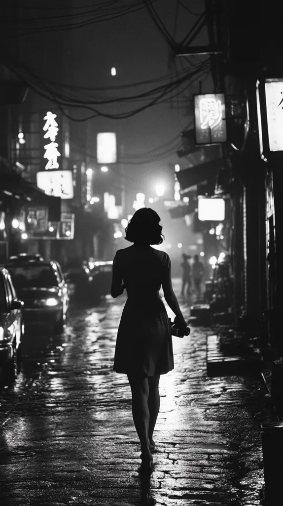 A woman's silhouette is captured walking down a rain-slicked, cobblestone street at night.  The street is lined with buildings displaying illuminated signs in a foreign language. Soft, blurry lights from shops and streetlamps create a moody atmosphere.  She carries what appears to be a camera, adding to the feeling of a solitary urban exploration. The black and white image enhances the dramatic contrast and nostalgic feel.