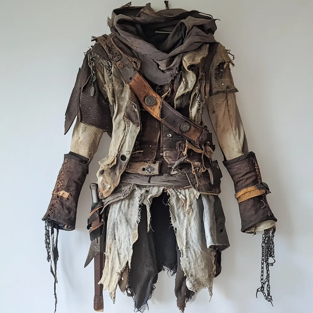 A meticulously crafted costume, seemingly inspired by a post-apocalyptic or fantasy setting, hangs against a white wall.  The outfit features a distressed, layered design with tattered fabrics in shades of beige and brown.  Leather and metal accents, including a belt with circular embellishments and chains, add texture and detail.  The hooded cloak and worn appearance suggest a character weathered by time and hardship.  A knife is sheathed at the hip.