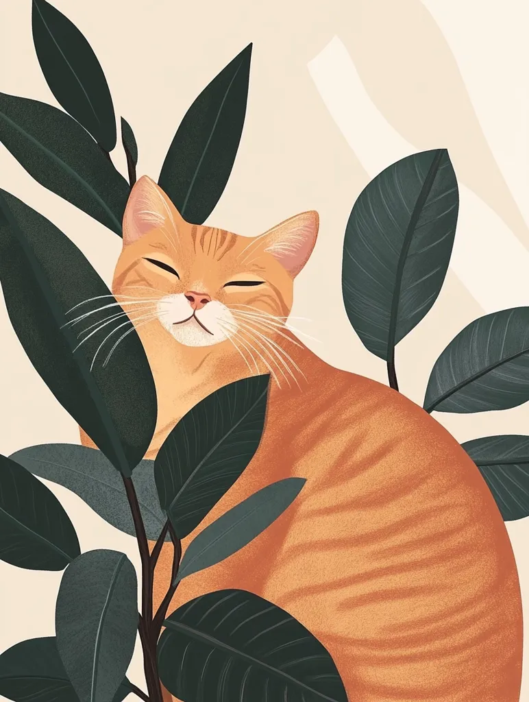 A serene illustration features an orange tabby cat nestled amongst lush, dark green foliage.  The cat's eyes are closed, conveying a sense of peace and contentment. The style is minimalist and modern, with soft, muted colors creating a calming atmosphere. The composition is balanced, with the cat as the central focus, partially obscured by the leaves.
