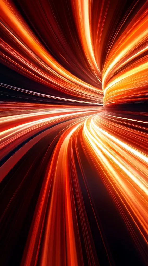 A vibrant abstract image depicts a swirling tunnel of light.  Intense streaks of orange and red radiate from the viewer's perspective, creating a sense of speed and motion.  The colors gradually darken towards the edges, adding depth to the hypnotic effect.  The overall impression is one of dynamic energy and futuristic travel.