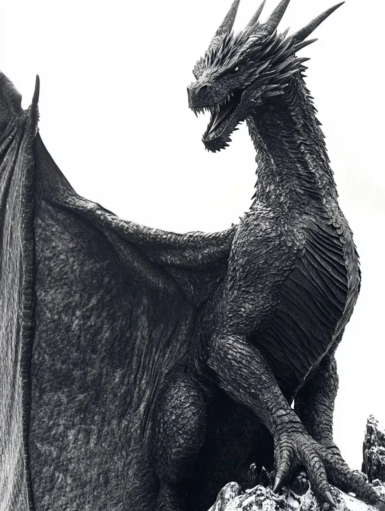 A majestic, obsidian-colored dragon is depicted in a monochrome image. Its massive wings are partially spread, showcasing intricate detailing.  The dragon's head is raised, its mouth slightly open in a powerful stance. The textured scales and sharp horns are clearly visible, creating a formidable and awe-inspiring presence against a stark white background.  The dragon seems perched atop a rocky outcrop, adding to its imposing scale.