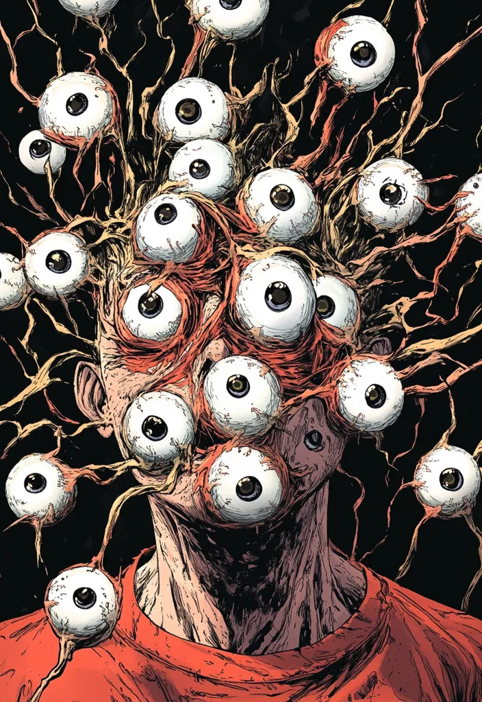 A grotesque illustration depicts a person's head and upper torso consumed by numerous eyeballs sprouting from fleshy tendrils.  The eyes are varied in size and angle, creating a disturbing and surreal image. The individual wears a simple red shirt, contrasting the horrifying detail of their body being overtaken by the multitude of eyes.  The style is dark, detailed, and intensely unsettling.