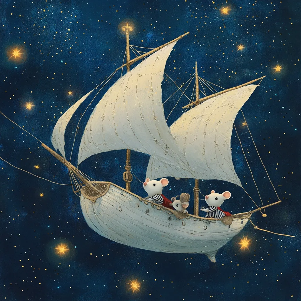 A whimsical illustration depicts three mice aboard a charming sailboat, soaring through a starlit night sky. The vessel, elegantly designed with billowing white sails, seems to float effortlessly amidst twinkling constellations.  The mice, dressed in nautical-themed outfits, gaze out at the celestial expanse, adding a touch of magical adventure to the scene.  The overall style is dreamy and evocative.