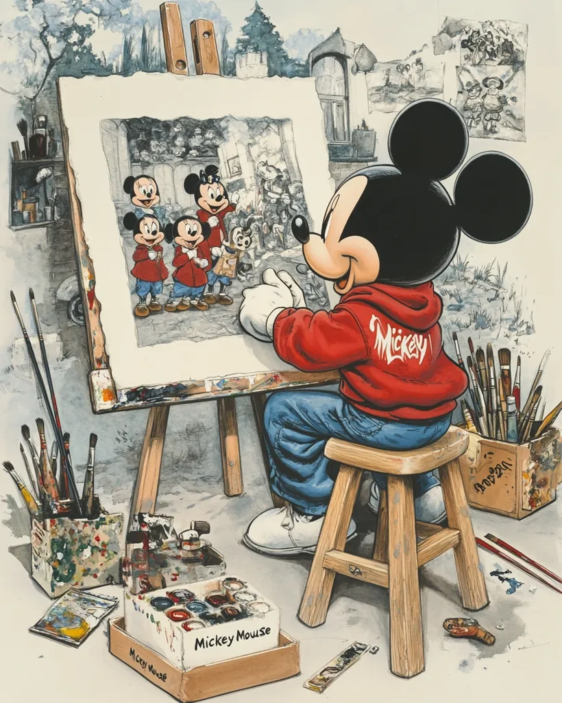Mickey Mouse, wearing a red hoodie, sits on a stool painting.  His easel displays a picture of himself and three other Mickey Mouse characters in a quaint setting.  Paintbrushes and paints are scattered around, suggesting an artist's workspace.  The style is reminiscent of a whimsical illustration, possibly a print or poster.  Smaller sketches surround the main artwork.