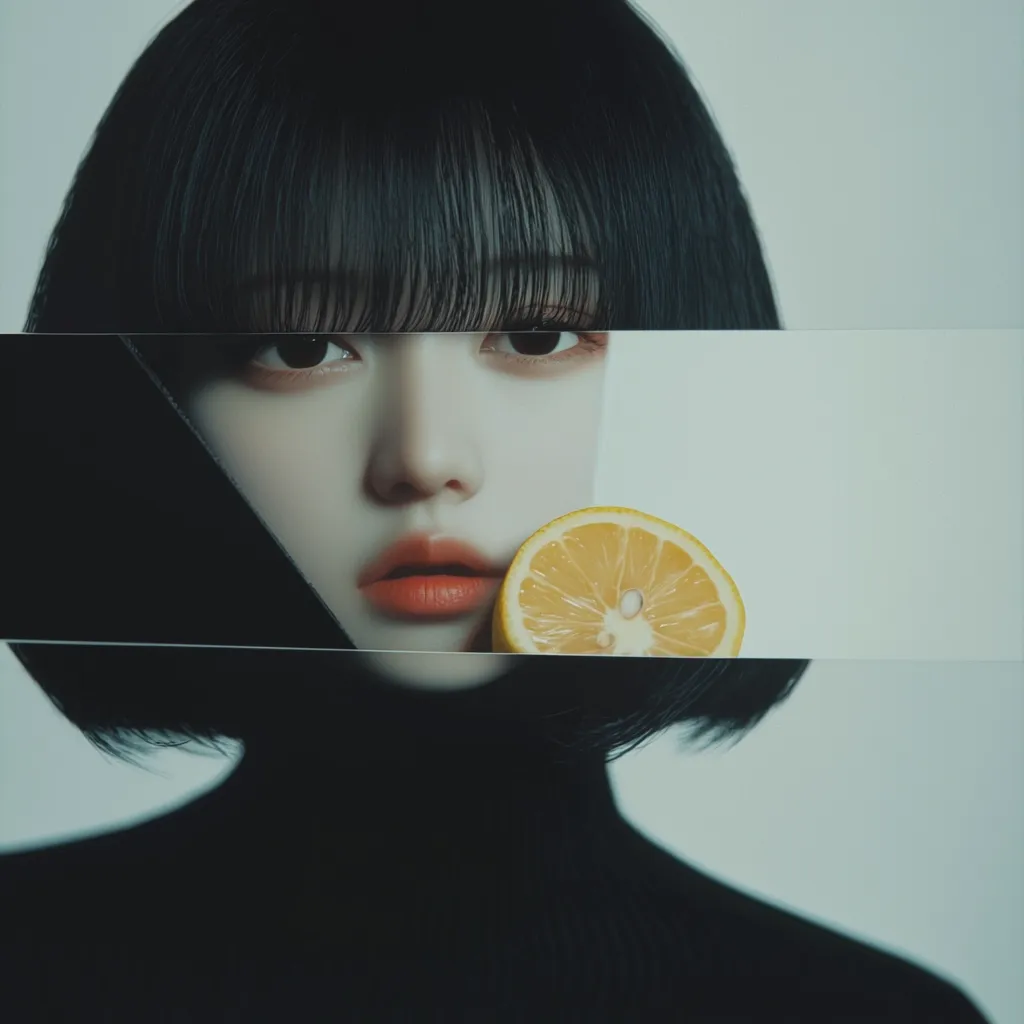A stylized portrait of a young woman with blunt black bangs and a black turtleneck.  Her face is partially obscured by geometric shapes and a slice of lemon rests against her cheek. The overall aesthetic is moody and slightly surreal, with a cool color palette and a focus on texture and contrast.
