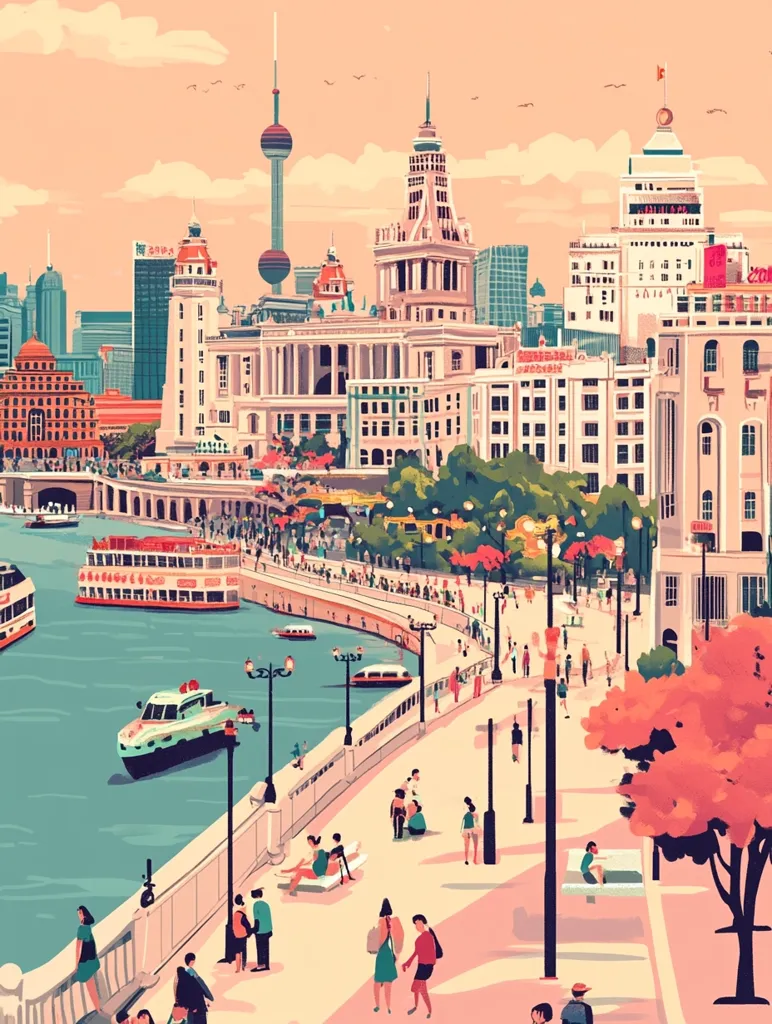 A vibrant illustration depicts Shanghai's Bund, showcasing its iconic architecture.  The waterfront promenade is bustling with people, enjoying the cityscape.  Tourist boats navigate the river, while the Pearl Tower and other skyscrapers form a dramatic backdrop. Lush trees and a warm color palette create a lively and inviting atmosphere. The scene blends modern and historical elements, reflecting Shanghai's unique character.