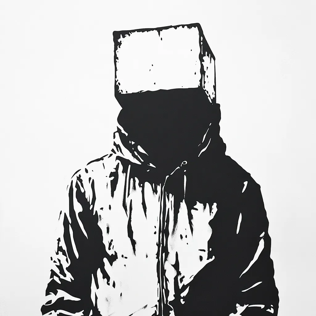 A stark black and white illustration depicts a figure cloaked in a hooded jacket.  Their head is replaced by a simple, cube-shaped form, creating a sense of anonymity and concealment.  The style is reminiscent of stencil art or printmaking, with bold lines and stark contrasts defining the image. The overall effect is one of mystery and suppressed identity.
