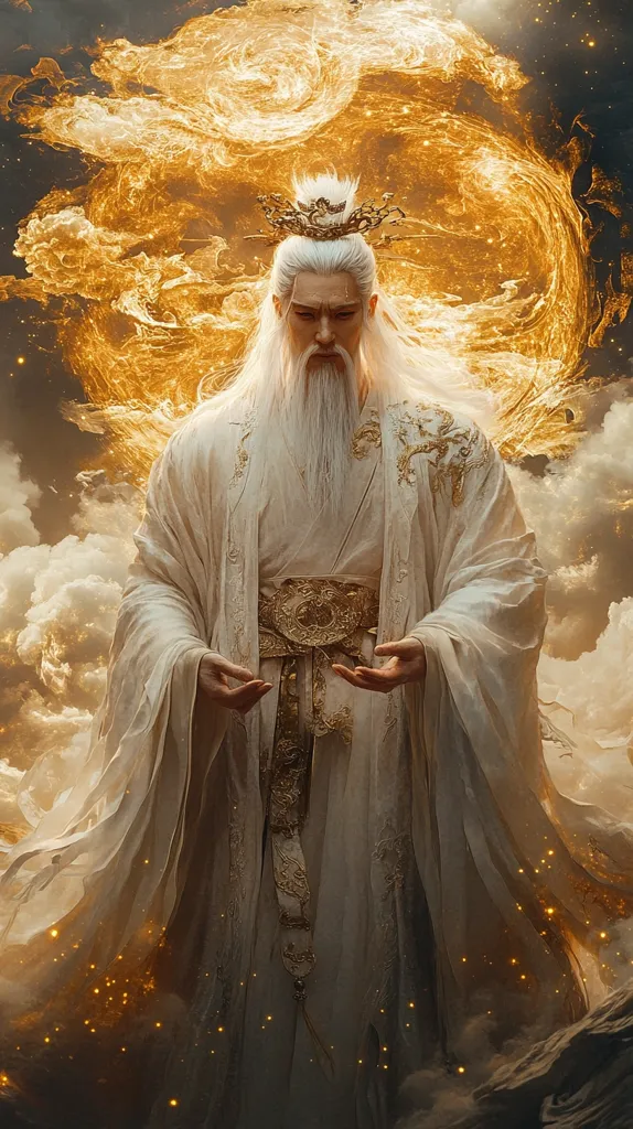 A majestic figure, possibly a celestial being or emperor, is depicted.  He wears flowing white robes adorned with gold embroidery, a golden crown atop his long white hair and beard.  He stands amidst swirling golden energy resembling fire or celestial light,  set against a backdrop of clouds. His serene expression and open palms suggest power and tranquility. The overall image evokes a sense of divinity and otherworldly power.