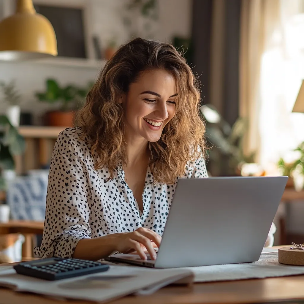 A joyful young woman with curly brown hair sits at a wooden table, happily working on her laptop.  She's wearing a white blouse with a small black pattern.  A calculator and papers are on the table, suggesting work or financial tasks.  The warm lighting and cozy home setting create a comfortable atmosphere.  Her smile indicates a positive and productive experience.