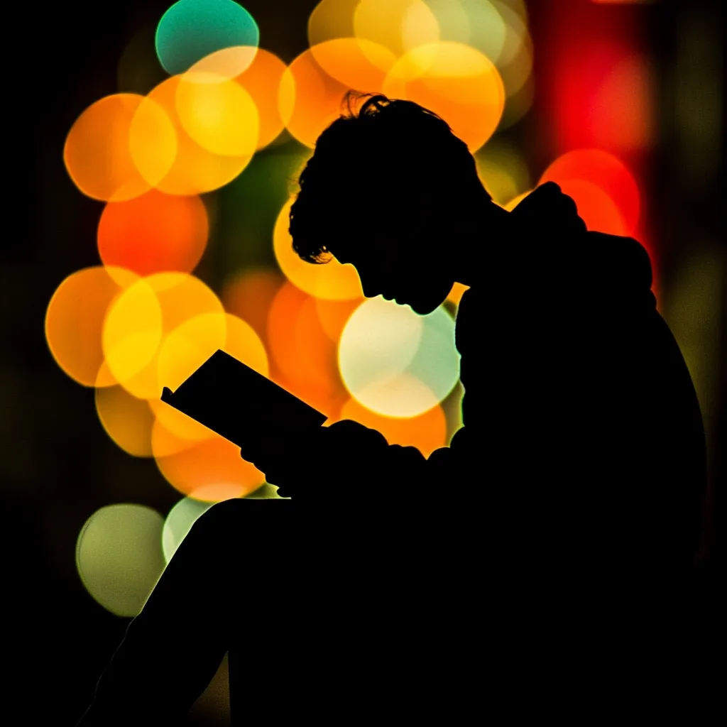 The silhouette of a person sits immersed in a book, their head bowed in concentration.  A vibrant backdrop of blurred, colorful bokeh lights suggests a nighttime setting, perhaps a city street or festive event. The image conveys a sense of quiet contemplation and the joy of reading, emphasized by the stark contrast between the dark figure and the bright lights.