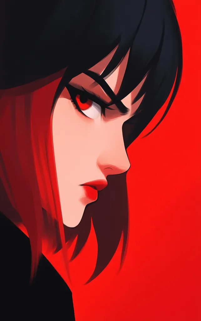 A stylized portrait of a woman with black hair and red highlights, her gaze sharp and intense.  Her red eyes and lips contrast against her dark hair and the vibrant red background. The style is reminiscent of anime or digital illustration, with bold lines and saturated colors emphasizing her strong expression. The overall mood is one of fierce determination or anger.