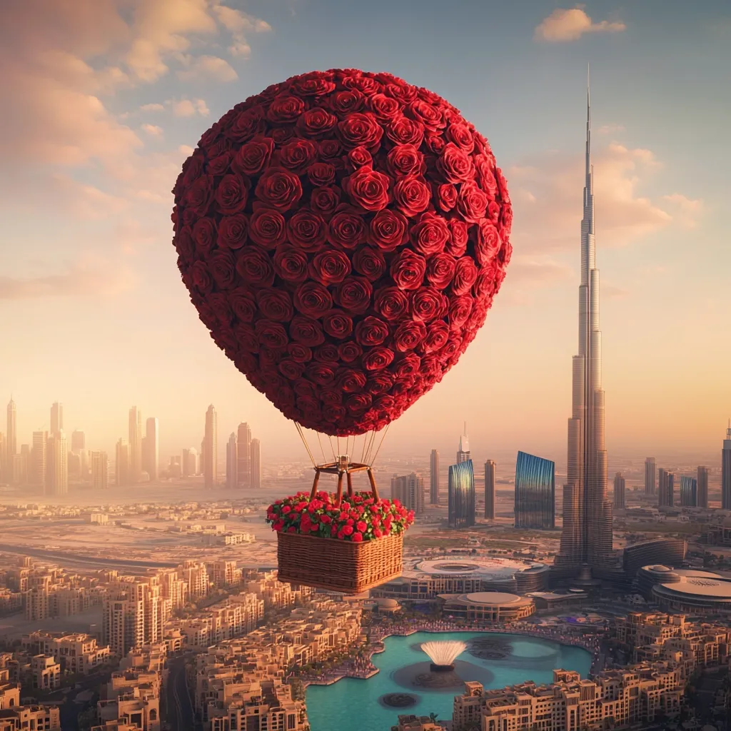 A hot air balloon crafted entirely of red roses floats serenely over the Dubai skyline.  The Burj Khalifa stands tall in the background, as the romantic balloon, complete with a smaller basket of roses, offers a breathtaking and whimsical view of the city's modern architecture and tranquil waterways at sunset.