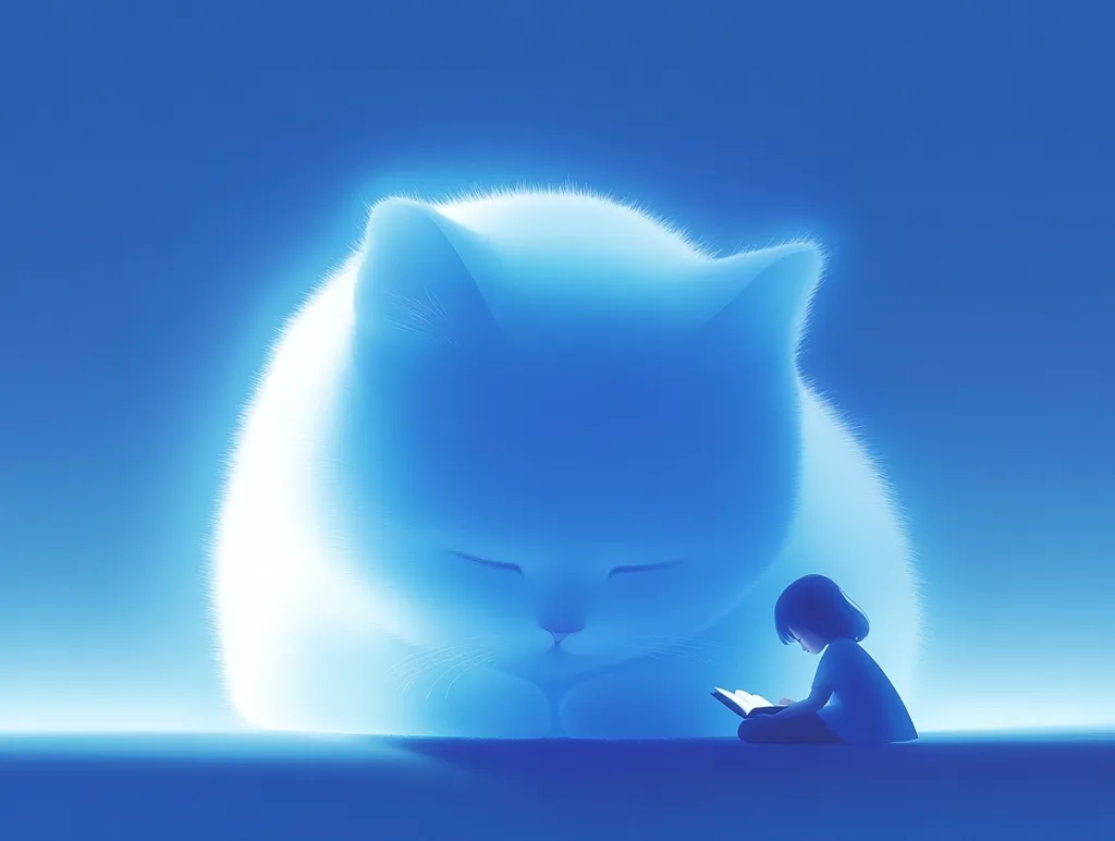 A serene digital illustration depicts a young girl engrossed in reading a book.  She sits before a luminous, oversized white cat, peacefully sleeping. The scene is bathed in soft, ethereal blue light, creating a calming and dreamlike atmosphere. The style is minimalist, focusing on soft forms and gentle color gradients.  The overall impression is one of quiet companionship and tranquility.