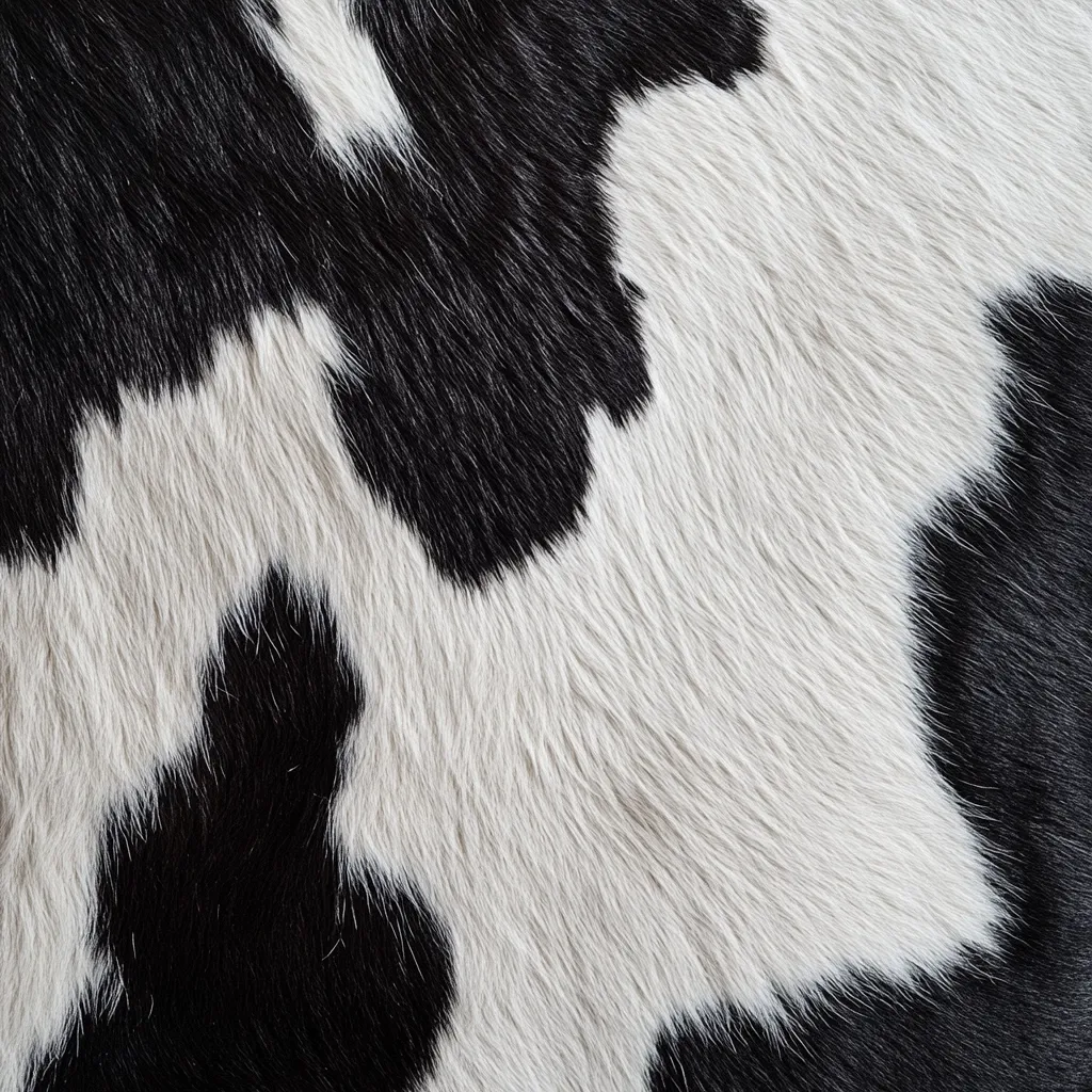 A close-up shot reveals the textured surface of a cowhide.  The hide displays a classic black and white pattern, showcasing the soft, short hair.  Irregular patches of black and white create a visually appealing contrast, highlighting the natural variations in the animal's coat. The image focuses on the tactile quality of the fur, emphasizing its softness and the distinct color separation.