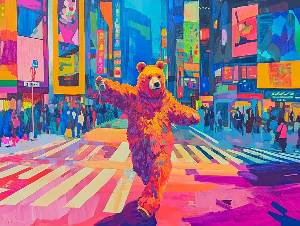 A vibrant, stylized painting depicts a large brown bear in a costume crossing a busy city street. The background is a kaleidoscope of bright colors, showcasing a bustling urban scene with towering buildings and vibrant billboards.  The bear's pose suggests a playful, almost triumphant stride across the pedestrian crossing, contrasting its size with the miniature figures of the city's inhabitants. The overall style is expressive and energetic, employing bold brushstrokes and a saturated color palette.