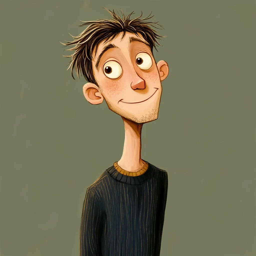 A stylized illustration of a young man with slightly messy brown hair, large eyes, and a friendly smile. He has a long neck and a subtle hint of freckles on his face.  He's wearing a dark-colored, ribbed sweater.  His expression is optimistic and cheerful, looking slightly upward. The artwork's style is reminiscent of animation or children's book illustration. The background is a muted olive-green.