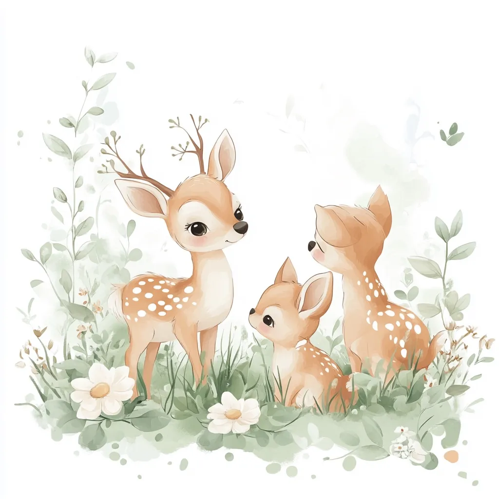 A charming watercolor illustration depicts a family of three deer nestled amidst a lush green meadow dotted with white daisies.  The adult doe, with delicate antlers, stands gracefully beside her two fawns.  The soft color palette and gentle expressions create a heartwarming and idyllic scene.  The style is reminiscent of children's book illustrations.