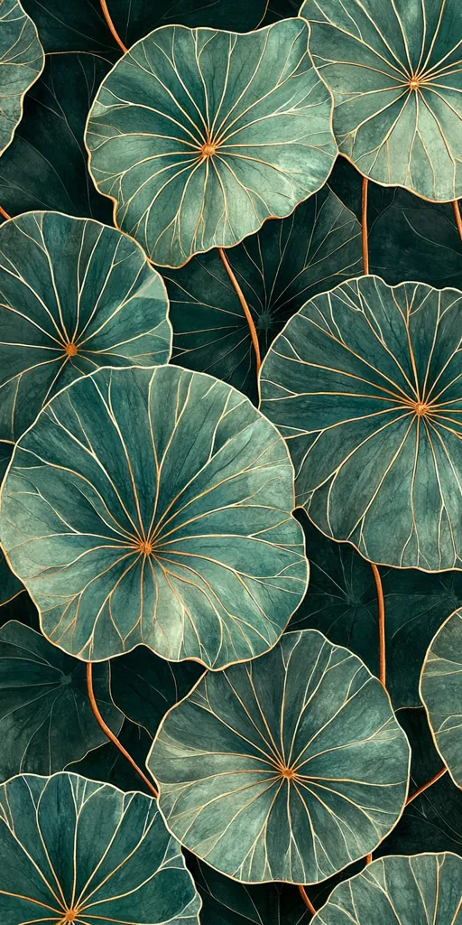 A close-up image showcases a collection of large, round leaves in varying shades of teal and green.  Delicate, golden-brown veins are subtly highlighted on each leaf, adding a touch of elegance.  The leaves overlap, creating a dense, textured pattern that suggests lush foliage.  The overall aesthetic is serene and sophisticated, capturing the beauty of natural forms.