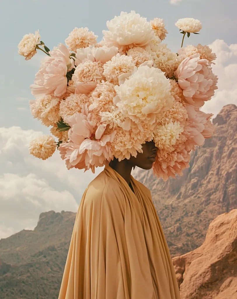 A person, seemingly a woman of dark complexion, is adorned with a large, extravagant headdress composed entirely of delicate, light peach and cream-colored peonies.  She wears a flowing, light beige robe. The backdrop is a dramatic, arid landscape of reddish-brown mountains under a soft, cloudy sky. The image evokes a sense of serene grandeur and contrasts the softness of the flowers with the ruggedness of the terrain.