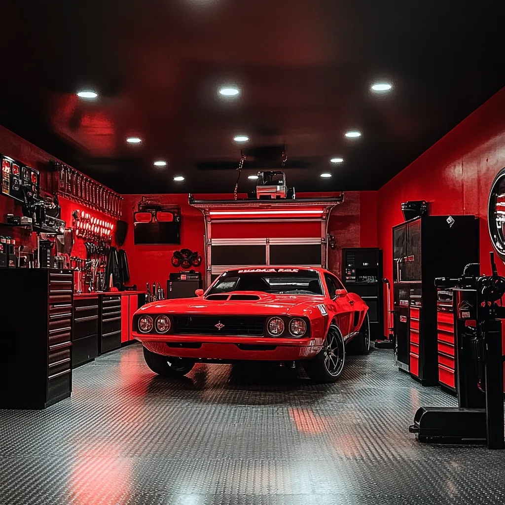 A meticulously organized red-themed garage houses a vibrant red classic muscle car.  Black tool cabinets and storage units line the walls, contrasting sharply with the red paint.  The garage floor is covered in a diamond-plate pattern.  Overhead lighting illuminates the space, creating a dramatic and stylish atmosphere.  The overall aesthetic is sleek, clean, and highly personalized.