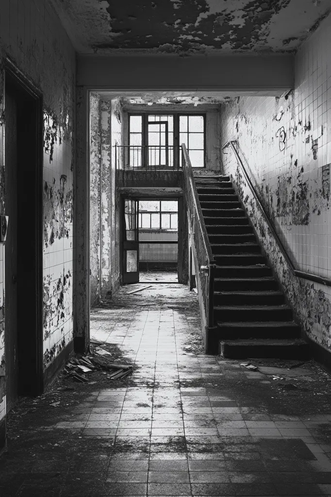 A black and white photograph captures the desolate interior of an abandoned building.  Peeling paint and decaying walls line a long hallway, leading to a staircase ascending to a higher level.  The tiled floor is littered with debris, adding to the scene's sense of ruin and neglect.  Windows on the upper level offer a glimpse of the outside world, contrasting with the building's decaying state. The overall mood is one of decay and abandonment.