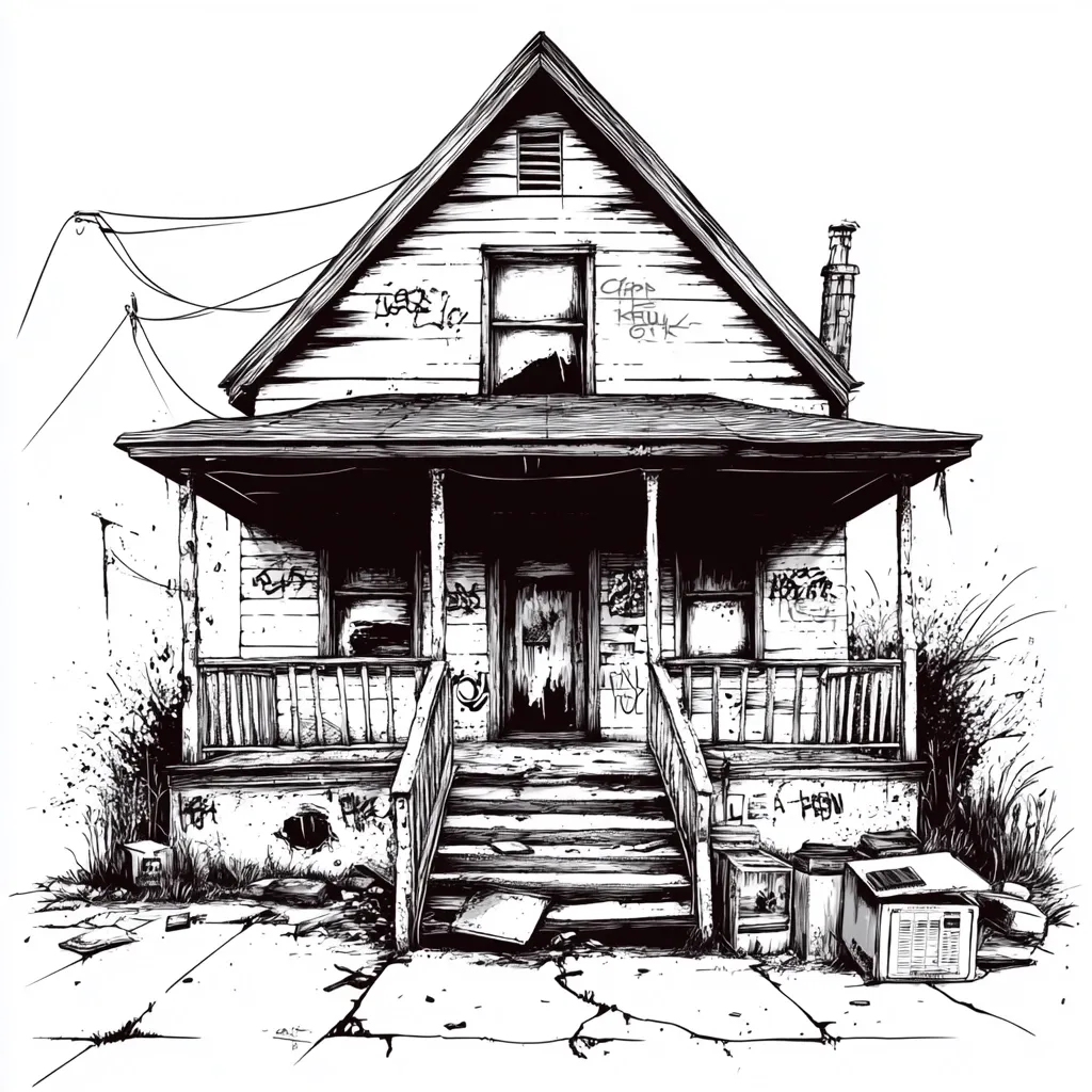 A dilapidated, single-story house with a gabled roof and porch is depicted in a black and white ink drawing.  Graffiti covers the weathered siding.  Broken windows and a decaying porch with steps leading to a damaged front door are visible.  Overgrown weeds and discarded items litter the yard and the cracked pavement in front of the house. The overall impression is one of neglect and abandonment.