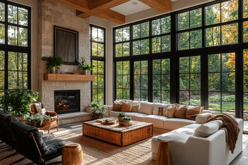 A sun-drenched living room features a large, sectional sofa in creamy white linen, arranged around a low, woven coffee table.  A stone fireplace with a wooden mantel anchors the space, complemented by large, black-framed windows offering expansive views of a lush green landscape.  Natural textures, including woven throws and wooden side tables, enhance the room's warm and inviting atmosphere.  Potted plants add to the organic feel.