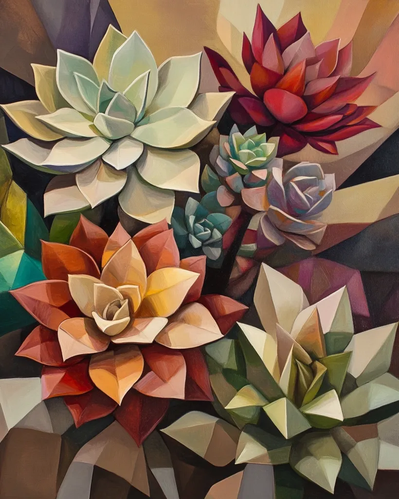 A vibrant painting showcases a cluster of succulents in a stylized, geometric manner.  Warm and cool tones intertwine, creating depth and contrast. The artist employs bold colors and sharp lines to depict the succulents' intricate forms, resulting in a striking composition with a modern, abstract feel.  The background hints at a rocky, earthy setting, complementing the succulents' natural beauty.