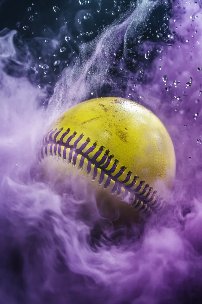 A yellow softball with purple stitching is submerged in a swirling cloud of purple and white smoke and water droplets.  The image is dark and dramatic, emphasizing the texture of the ball and the ethereal quality of the smoke.  The motion suggests the ball is moving rapidly through the smoky liquid.