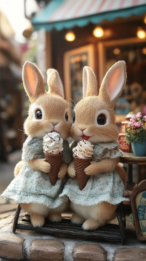 Two adorable, light brown bunny figurines sit side-by-side on a small bench, each holding an ice cream cone.  They wear matching light blue dresses with a floral pattern. The setting is a charming, out-of-focus miniature town with warm lighting, creating a sweet and whimsical scene. The bunnies' expressions are gentle and endearing.
