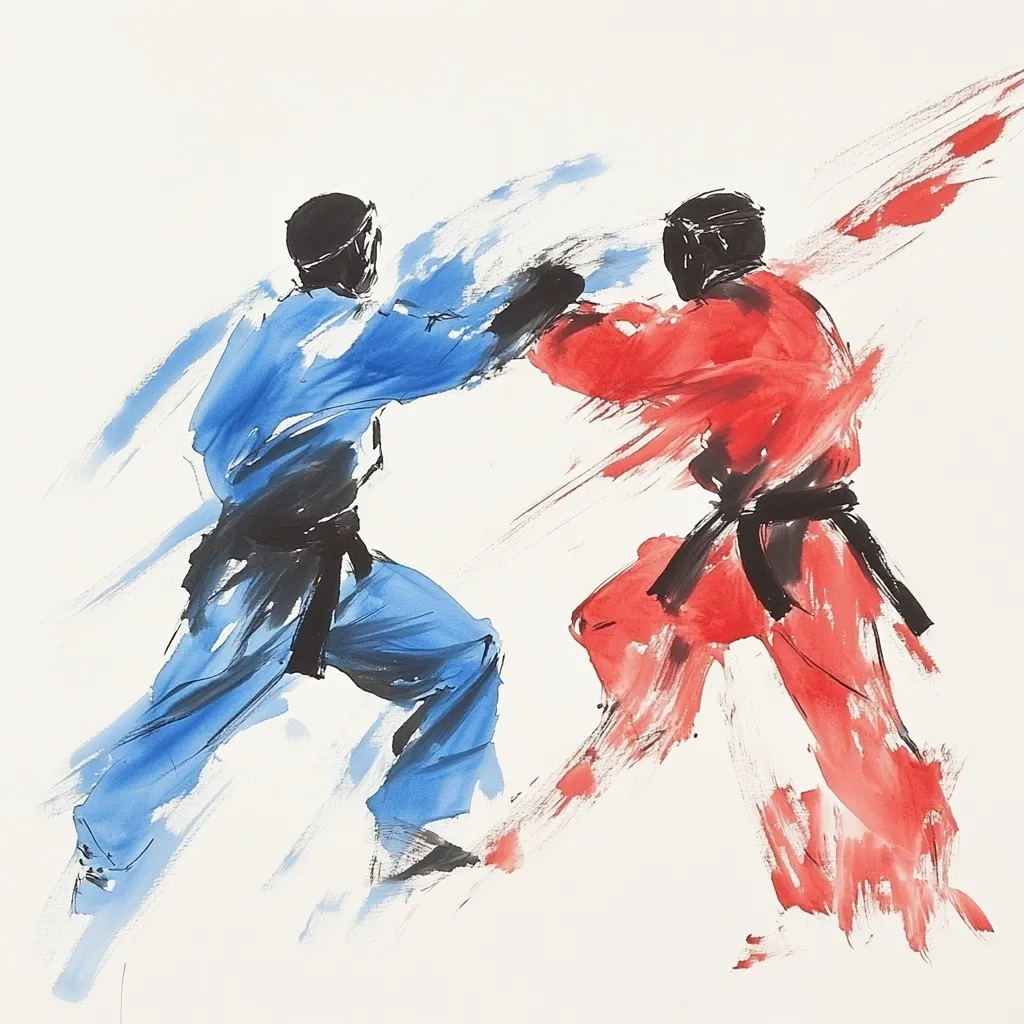 A dynamic watercolor painting depicts two martial artists in mid-combat.  One, clad in blue, delivers a punch to the other, dressed in red.  The artist uses expressive brushstrokes to capture the speed and energy of the clash, with streaks of color suggesting motion and impact.  Black belts contrast against the vibrant uniforms, emphasizing the intensity of the moment.  The white background enhances the vividness of the figures.