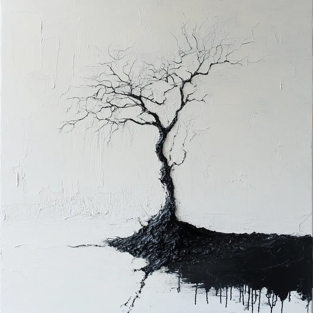 A stark black and white painting depicts a solitary, leafless tree against a textured white background.  The tree's branches are intricately detailed, contrasting with the thick, impasto application of black paint at its base, which spills downwards in drips. The overall effect is one of stark beauty and quiet isolation.