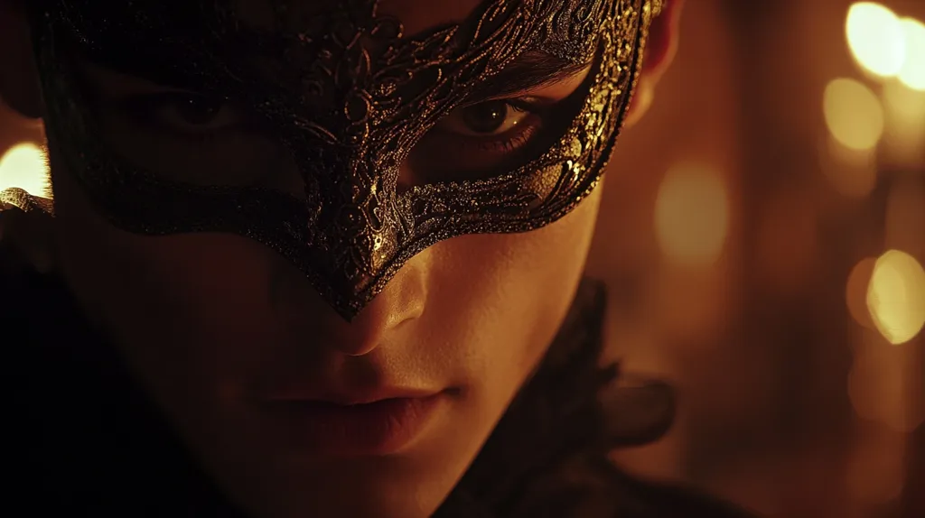 Close-up of a person wearing an ornate, dark-colored masquerade mask.  The mask partially obscures their face, revealing only their eyes and lower face.  Warm, candlelit lighting creates a dramatic, mysterious atmosphere.  The background is blurred, suggesting an intimate setting. The image evokes a sense of intrigue and secrecy.