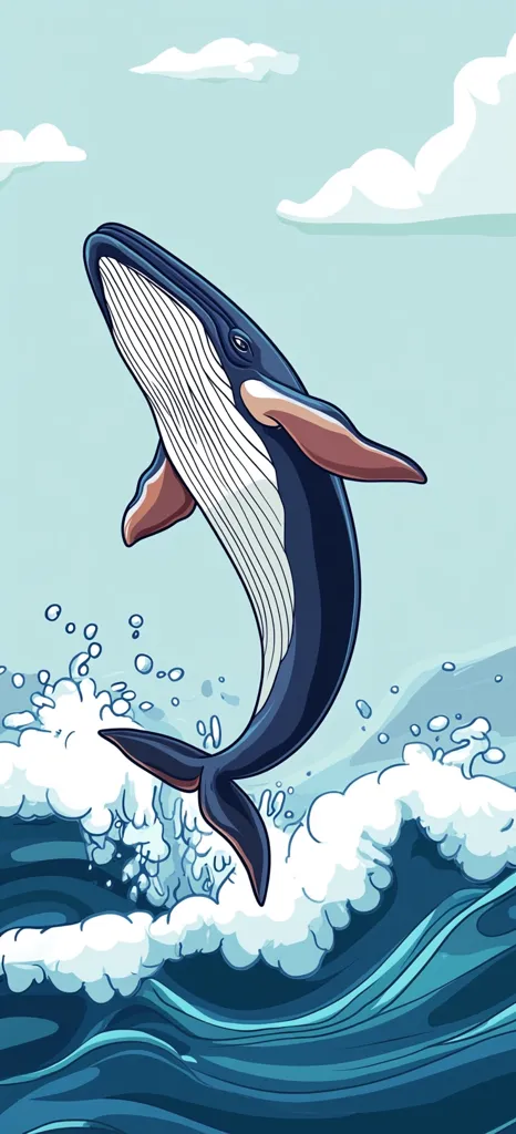 A stylized illustration depicts a humpback whale breaching the ocean's surface.  The whale is dark blue with lighter gray markings, leaping dynamically against a backdrop of light blue sky and fluffy white clouds.  The ocean is rendered with swirling blue water and white, foamy waves, showcasing the whale's powerful movement. The style is reminiscent of a cartoon or graphic novel, vibrant and expressive.