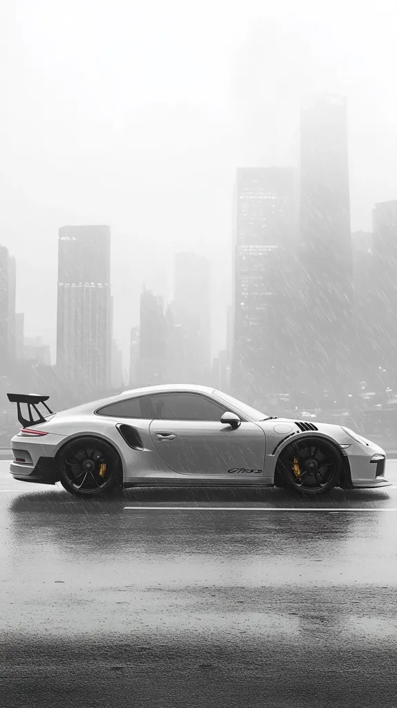 A silver Porsche 911 GT3 sits on a rain-slicked city street.  Rain falls heavily, obscuring a background of tall buildings. The car is the focal point, sharply in contrast to the muted, gray cityscape and weather. The wet asphalt reflects the car's sleek lines and the falling rain.  The scene evokes a feeling of urban solitude and powerful automotive presence.