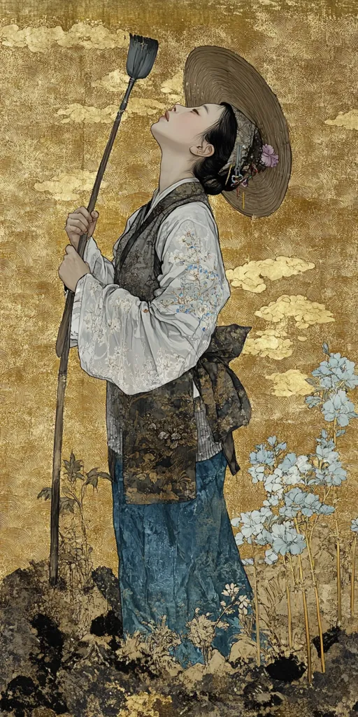 A woman in traditional East Asian attire, wearing a wide-brimmed hat and long-sleeved robe, stands amidst a gold-leaf background.  She holds a long staff topped with a dark brush-like object, her head tilted back as if inhaling a scent.  Delicate blue flowers and gold-tinged plants surround her, creating a serene and visually rich scene. The artwork's style suggests a blend of traditional painting techniques and contemporary aesthetics.
