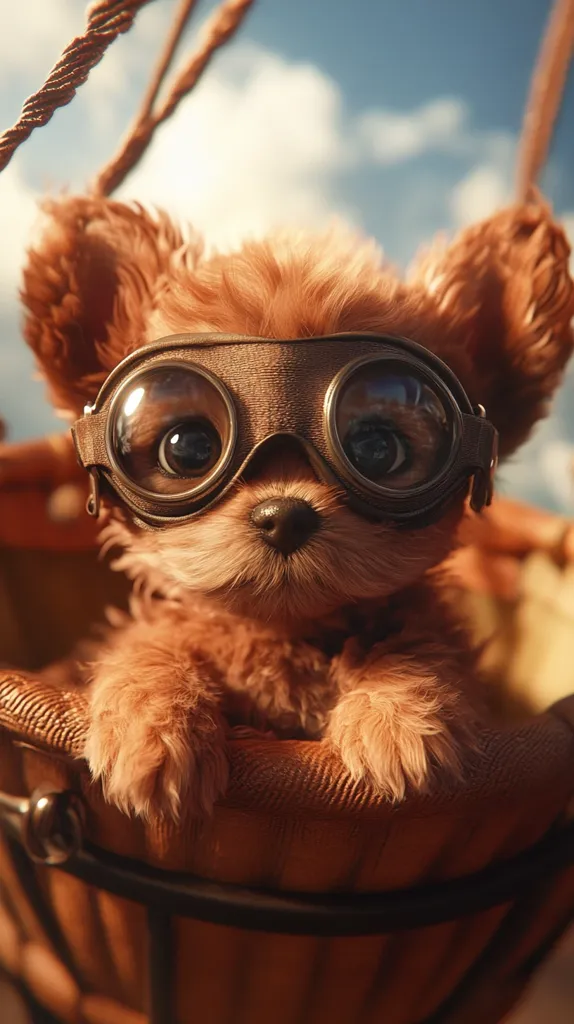 An adorable fluffy brown puppy, wearing aviator goggles, sits comfortably in a woven basket suspended in mid-air.  The sunny sky and ropes of a hot air balloon are visible in the background, suggesting an adventurous and whimsical scene. The puppy's expressive eyes and relaxed posture convey a sense of calm amidst the aerial adventure.