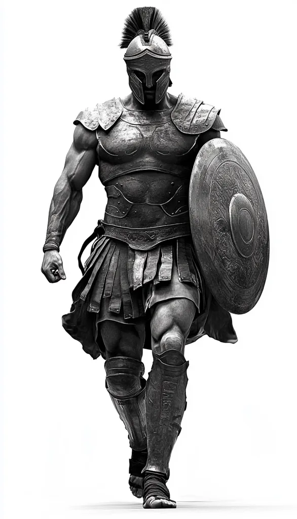A monochrome image depicts a muscular Spartan warrior in full armor, striding forward. He wears a plumed helmet, breastplate, greaves, and a short kilt.  A large, ornate shield is held at his side. The warrior's expression is serious and determined, his gaze fixed ahead. The image evokes a sense of power and ancient warfare. The background is pure white, isolating the figure and emphasizing its details.