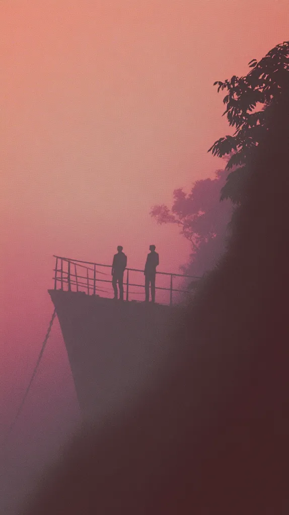 Two silhouetted figures stand on a railing atop a structure, possibly a ship's bow, overlooking a hazy, pinkish landscape.  The sky is a soft, dusky orange-pink.  Foliage is visible on a hillside to the right, partially obscured by mist.  The overall atmosphere is serene and slightly melancholic.  A chain hangs down from the structure.
