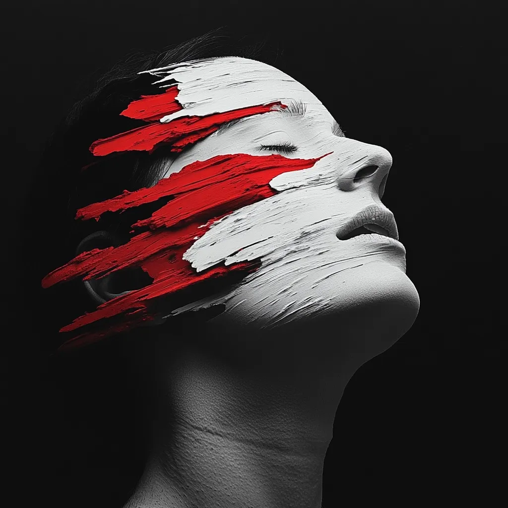 A woman's face is partially obscured by thick, impasto strokes of red and white paint.  Her eyes are closed, and her head is tilted back, creating a dramatic profile against a dark background.  The paint appears textured and dynamic, suggesting a sense of movement and emotion. The overall effect is both striking and mysterious.