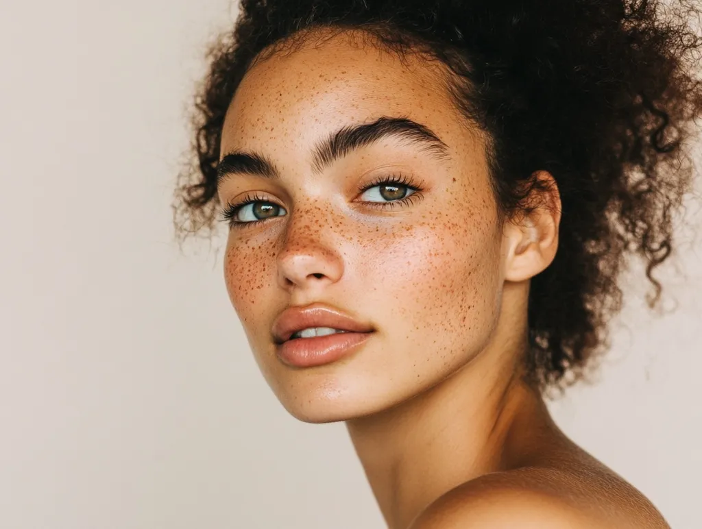 Close-up portrait of a young woman with  freckles and dark, curly hair. Her  skin is radiant, and she has  full lips and expressive green eyes.  The image is softly lit, emphasizing her natural beauty and features. The woman's gaze is directed away from the camera, creating an intimate and captivating mood.