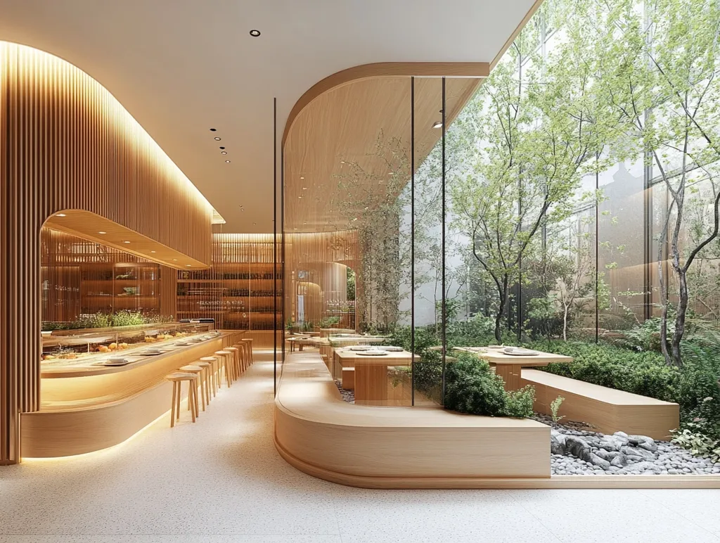 A modern restaurant interior features a long, curved wooden sushi bar illuminated from below.  Light wood paneling and a minimalist design create a serene atmosphere. Large glass windows showcase a tranquil, enclosed courtyard garden, blurring the lines between indoors and outdoors.  Simple wooden tables and benches are scattered throughout the space, providing a calming and sophisticated dining experience.