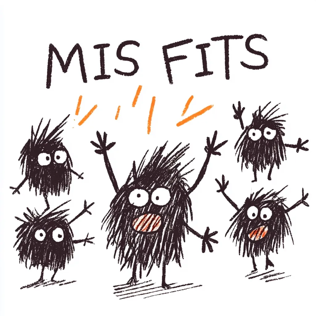 The illustration shows five fluffy, dark-haired creatures, reminiscent of the Totoro characters, with exaggerated features.  The central figure has its arms raised, while the others surround it.  The title "MIS FITS" is displayed above, along with several orange exclamation marks, suggesting a celebratory or joyful mood amongst these unique characters.  The style is childlike and playful.