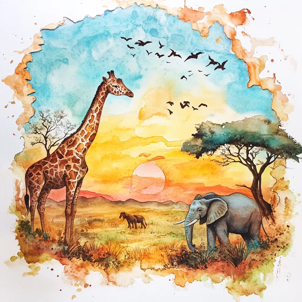 A watercolor painting depicts a serene African sunset.  A giraffe stands prominently in the foreground, alongside an elephant.  Two rhinoceros are visible in the distance.  Birds fly across a vibrant, colorful sky, which is rendered in warm oranges and yellows, contrasting with the cooler blues. The scene is framed by a loose, painterly edge, giving it a soft, dreamlike quality.
