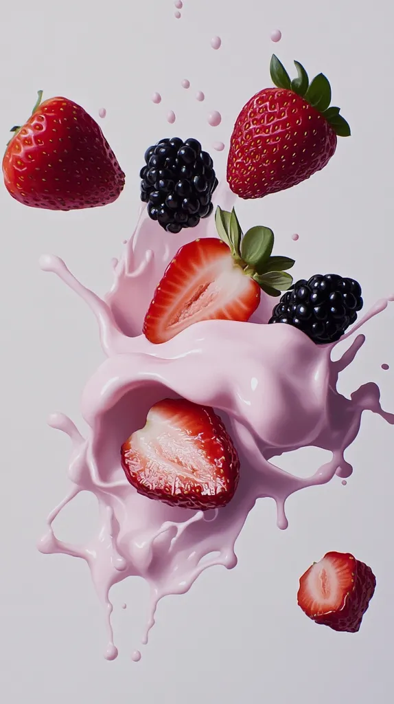 A vibrant splash of pink liquid, possibly yogurt or milk, is captured mid-air.  Several strawberries and blackberries are suspended within the splash, some halved, showcasing their juicy interiors. The image suggests a refreshing and fruity beverage or dessert, highlighting the textures and colors of the ingredients. The overall effect is dynamic and visually appealing.