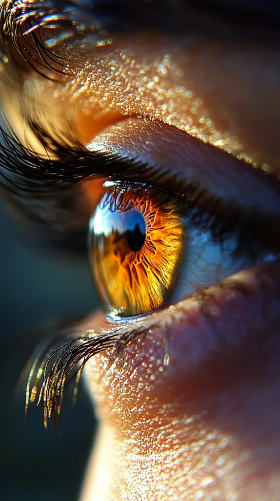 A close-up shot reveals a mesmerizing amber eye, its intricate details highlighted by the sun's glow.  Long, dark eyelashes frame the eye, casting delicate shadows. The skin around the eye exhibits a fine, textured surface, glistening with a subtle luminosity. The iris displays a captivating blend of warm, golden hues. The overall image is striking in its clarity and beauty.
