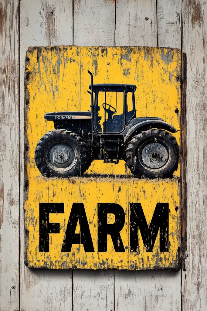A rustic yellow farm sign, mounted on weathered wood, features a black silhouette of a Big Tractors tractor.  The word "FARM" is prominently displayed in bold black lettering below the tractor.  The distressed paint and worn wood create a vintage, country feel, ideal for farmhouse or barn décor.